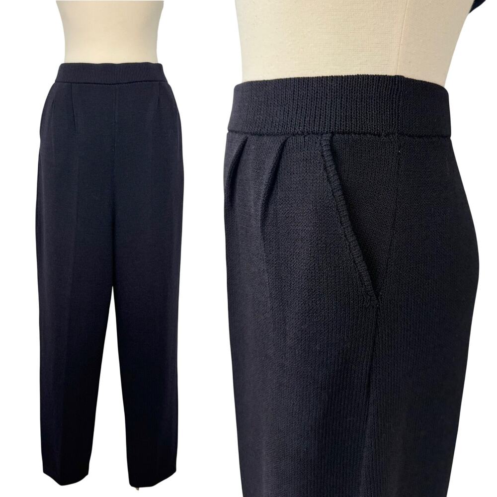 St. John Vintage Santana Knit Pants Black Pleated-Front Ankle Pull-On Waist 14